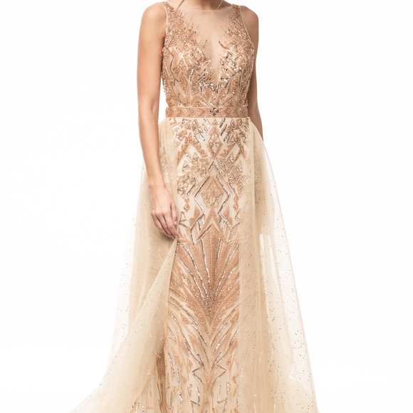 GOLD PROM GOWN DRES WITH DETACHABLE SKIRT EMBELLISHED MERMAID - Picture 2 of 13